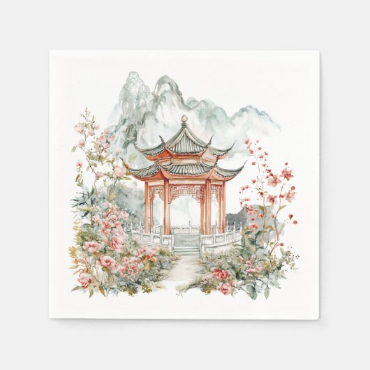 Chinoiserie Toile De Jouy Pagoda Serviette (Vorderseite)
