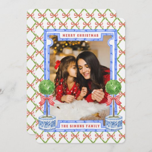 Chinoiserie Topiary mit roten Bögen | Weihnachten Einladung (Vorne/Hinten)