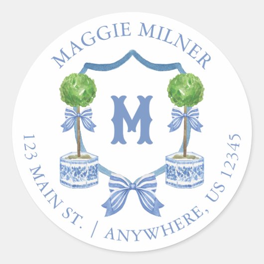 Chinoiserie Topiary Monogram Wappen Runder Aufkleber (Vorderseite)