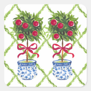 Chinoiserie Topiary Red Christmas Quadratischer Aufkleber