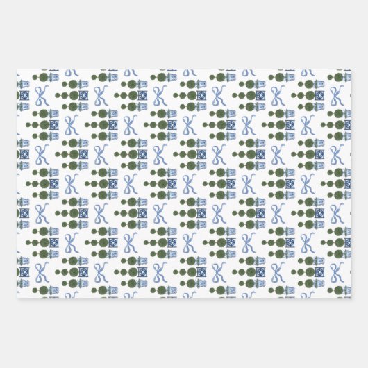 Chinoiserie Topiary Tree Blue Bow Geschenkpapier Set (Vorderseite)