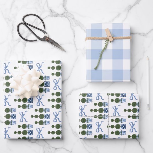 Chinoiserie Topiary Tree Blue Bow und Gingham Geschenkpapier Set (Vorderseite)