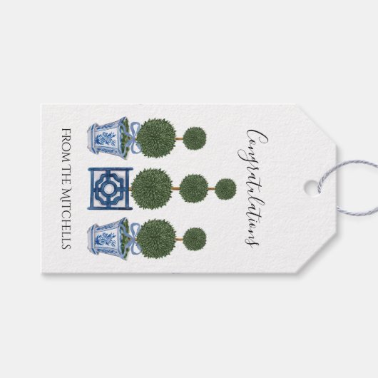 Chinoiserie Topiary Trees mit Blaufuhe Geschenkanhänger (Vorderseite (Horizontal))