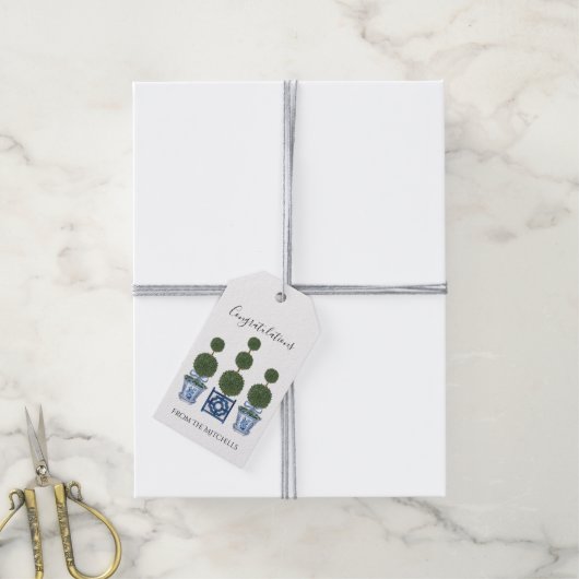 Chinoiserie Topiary Trees mit Blaufuhe Geschenkanhänger (Mit Garn)