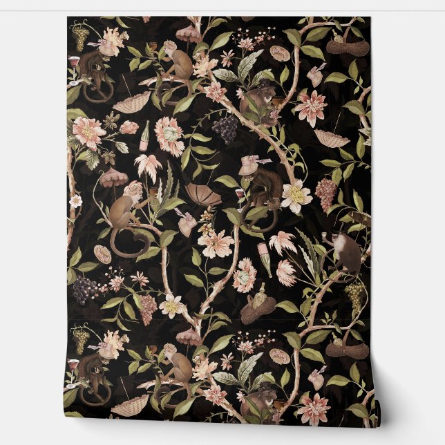 Chinoiserie, tropischer Vintager Affengarten Tapete (Abrollen)
