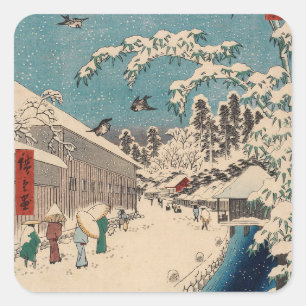 Chinoiserie Ukiyo-e japanische Winter-Schneelandsc Quadratischer Aufkleber
