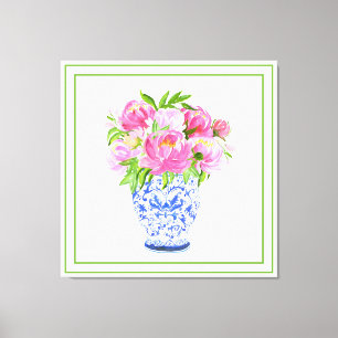 Chinoiserie-Vase mit rosa Pfingstrosen und grünem Leinwanddruck