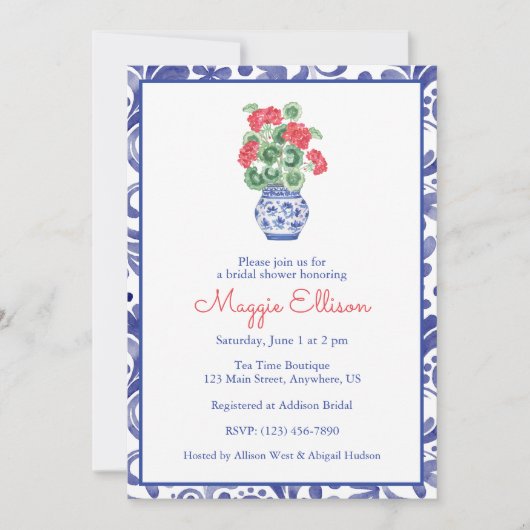 Chinoiserie Vase of Red Geraniums Einladung (Vorderseite)