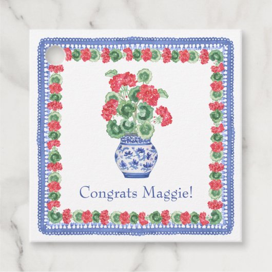 Chinoiserie Vase of Red Geraniums Geschenkanhänger (Vorderseite)