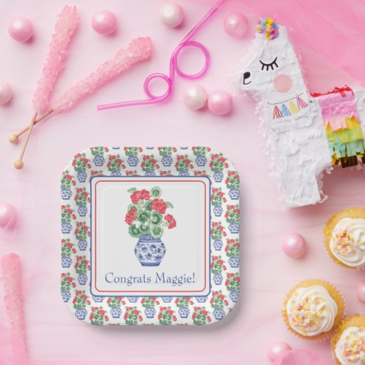 Chinoiserie Vase of Red Geraniums Pappteller (Party)