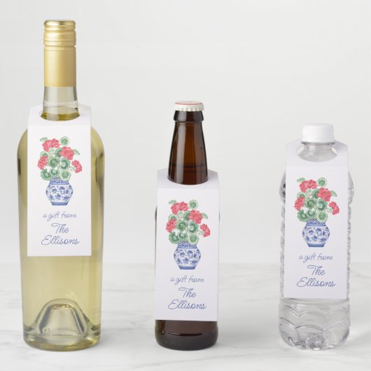 Chinoiserie Vase of Red Geraniums Personalisiert Flaschenanhänger (Beispiel)