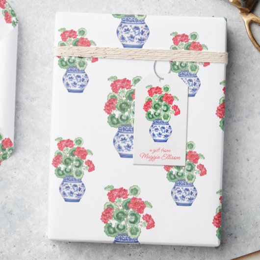 Chinoiserie Vase of Red Geraniums Personalisiert Geschenkanhänger
