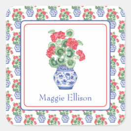 Chinoiserie Vase of Red Geraniums Quadratischer Aufkleber