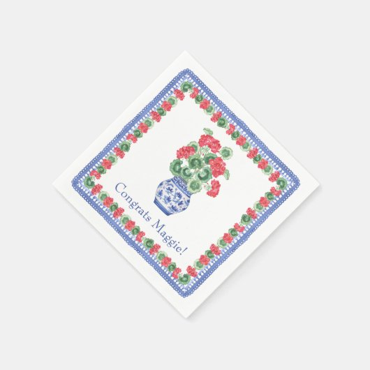 Chinoiserie Vase of Red Geraniums Serviette (Ecke)