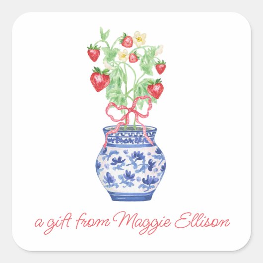 Chinoiserie Vase of Red Strawberries Geschenk Quadratischer Aufkleber (Vorderseite)