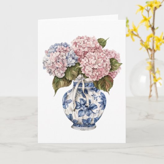 Chinoiserie Vase Ribbon Hydrangea Blank Gruß Karte (Gelbe Blume)