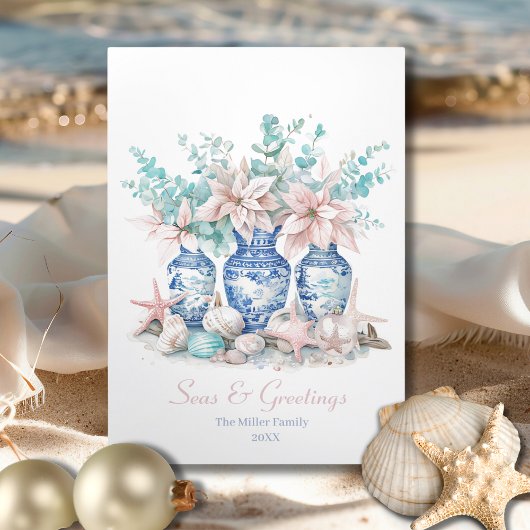 Chinoiserie Vases Eucalyptus & Poinsettias 2 Foto Dreifach Gefaltete Urlaubskarte