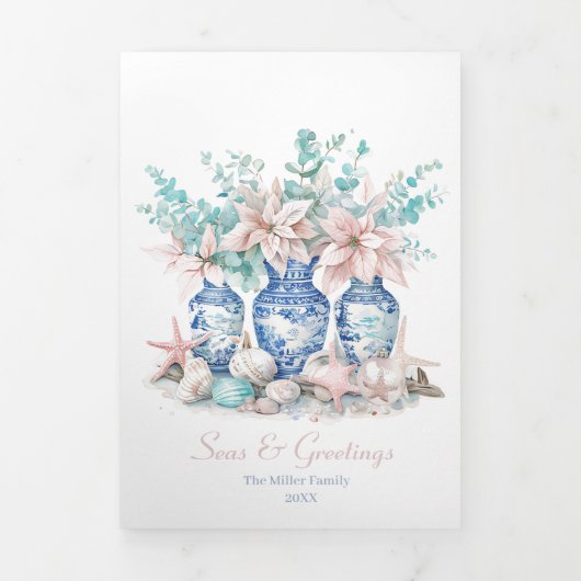 Chinoiserie Vases Eucalyptus & Poinsettias 2 Foto Dreifach Gefaltete Urlaubskarte (Cover)