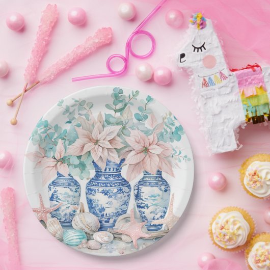 Chinoiserie Vases mit Eukalyptus & Poinsettias Pappteller (Party)