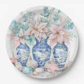 Chinoiserie Vases mit Eukalyptus & Poinsettias Pappteller (Vorderseite)