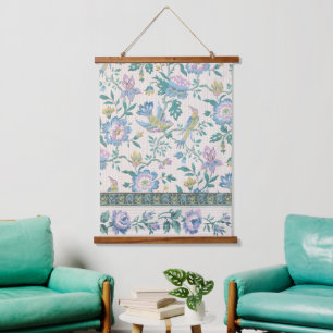 Chinoiserie Vintage Vogel Florales Pastellmuster Wandteppich Mit Holzrahmen