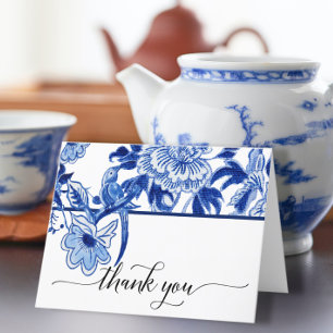 Chinoiserie Vogel Floral Blau Weiß Brautdusche Dankeskarte
