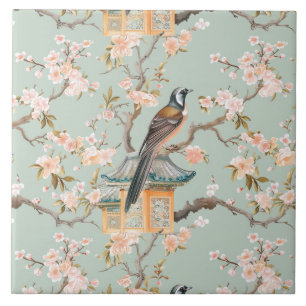 Chinoiserie-Vogel- und Blüten-Keramikfliese in Ros Fliese
