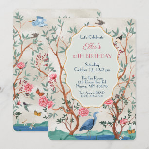 Chinoiserie-Wandbild mit Reiher auf falscher Folie Einladung