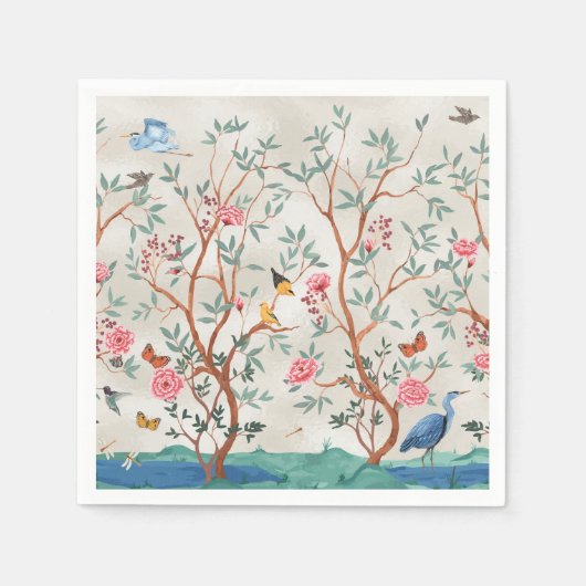 Chinoiserie-Wandbild mit Reihern und Blumen Serviette (Vorderseite)