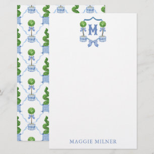 Chinoiserie Wasserfarben Wappen Topiary Monogram Briefpapier