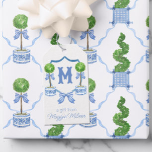 Chinoiserie Wasserfarben Wappen Topiary Monogram Geschenkanhänger