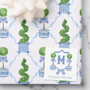 Chinoiserie Wasserfarben Wappen Topiary Monogram Mitteilungskarte