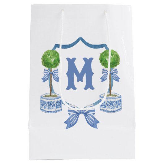 Chinoiserie Wasserfarben Wappen Topiary Monogram Mittlere Geschenktüte (Rückseite)