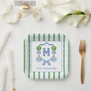 Chinoiserie Wasserfarben Wappen Topiary Monogram Pappteller