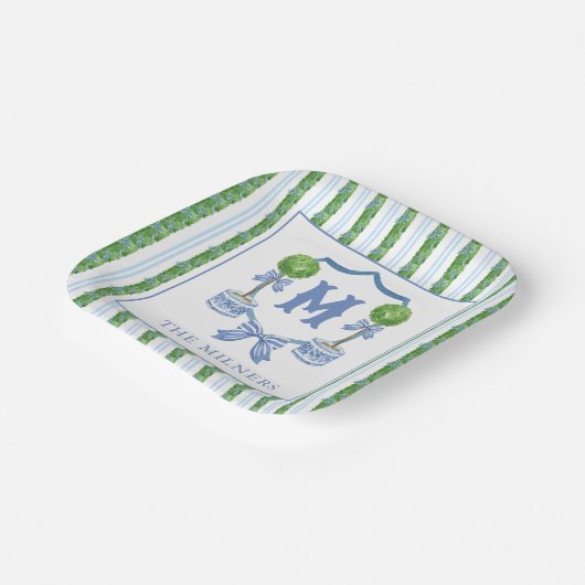 Chinoiserie Wasserfarben Wappen Topiary Monogram Pappteller (Gewinkelt)