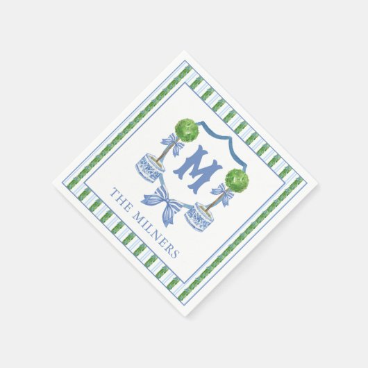 Chinoiserie Wasserfarben Wappen Topiary Monogram Serviette (Ecke)