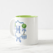 Chinoiserie Wasserfarben Wappen Topiary Monogram Zweifarbige Tasse (Vorderseite Links)