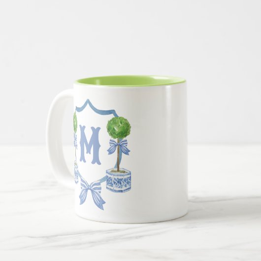 Chinoiserie Wasserfarben Wappen Topiary Monogram Zweifarbige Tasse (Vorderseite Links)