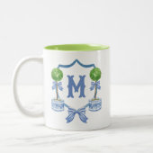 Chinoiserie Wasserfarben Wappen Topiary Monogram Zweifarbige Tasse (Links)
