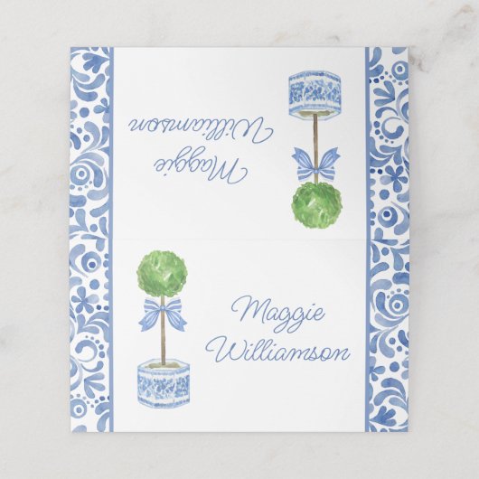 Chinoiserie Wasserfarbener Bow Topiary Platzkarte (Außenseite Aufgefaltet)