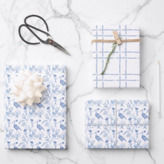 Chinoiserie Watercolor Blue Hering Wrapping Paper Geschenkpapier Set (Vorderseite)