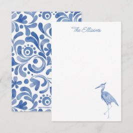 Chinoiserie Watercolor Blue Heron Bird Mitteilungs Dankeskarte