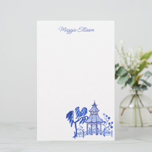 Chinoiserie Watercolor Blue Pagoda Briefpapier (Stehend Vorderseite)