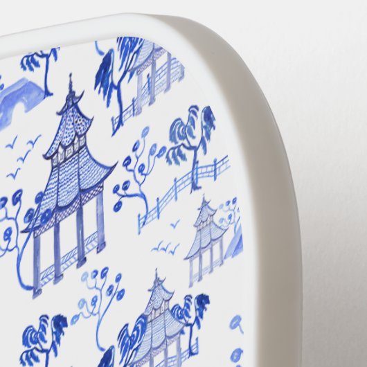 Chinoiserie Watercolor Pagoda Muster Monogramm Pickleball Schläger (Linke Seite)