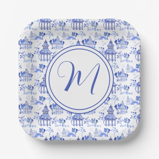 Chinoiserie Watercolor Pagoda Muster Pappteller (Vorderseite)