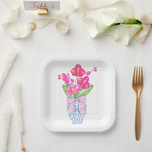 Chinoiserie Watercolor Pink Orchid Ginger Jar Vase Pappteller (Hochzeit)