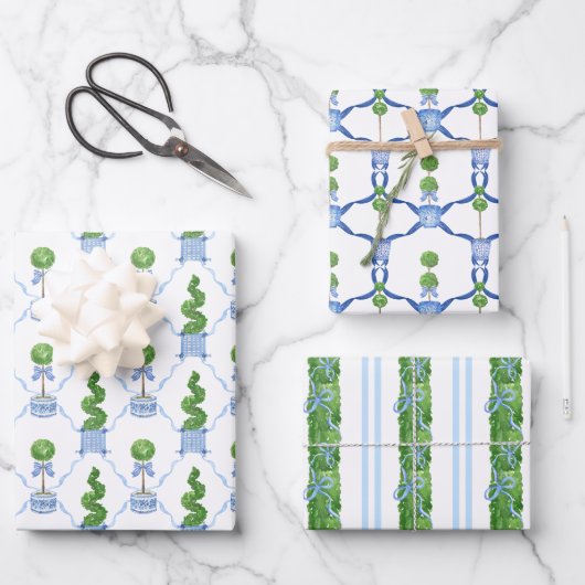 Chinoiserie Watercolor Topiary Wrapping Paper Geschenkpapier Set (Vorderseite)