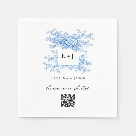 Chinoiserie Wedding Blue Floral QR Share Photos Serviette (Vorderseite)