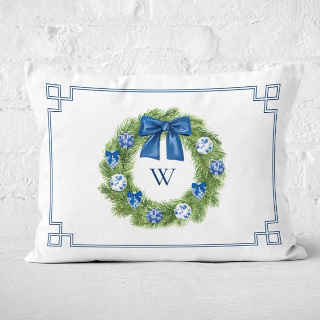 Chinoiserie-Weihnachtskranz monogrammiert  Dekokissen (Monogram Chinoiserie Wreath pillow)