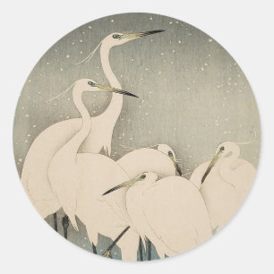 Chinoiserie Weißer Reiher Winter-Schnee-Muster Runder Aufkleber